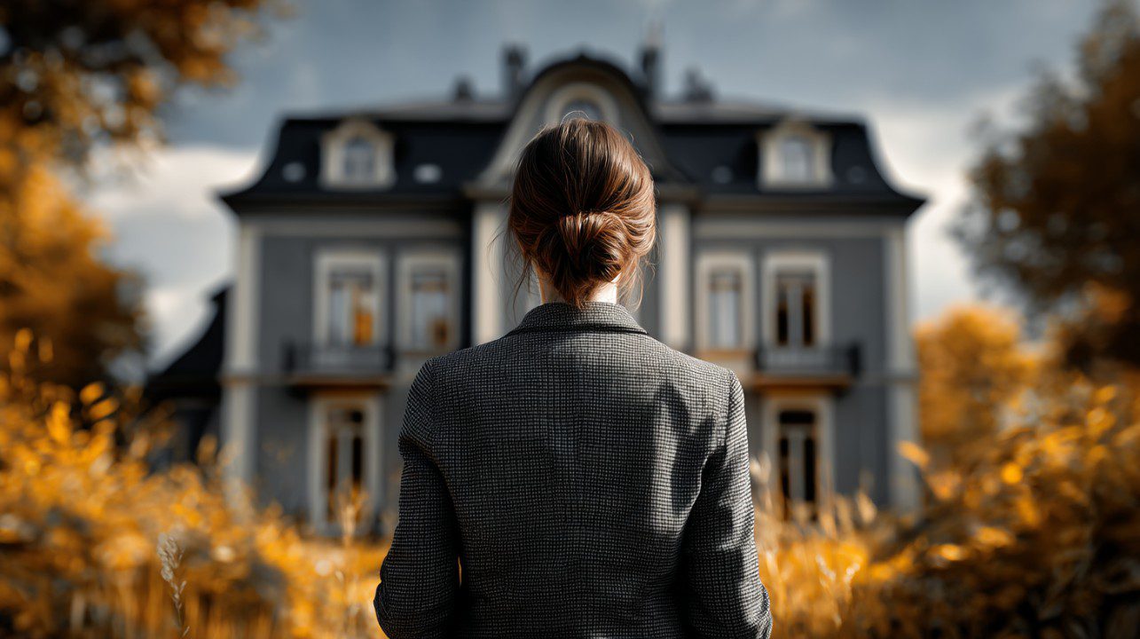 Back view of a woman in a blazer looking at a luxury house surrounded by autumn trees, suggesting a real estate showing.