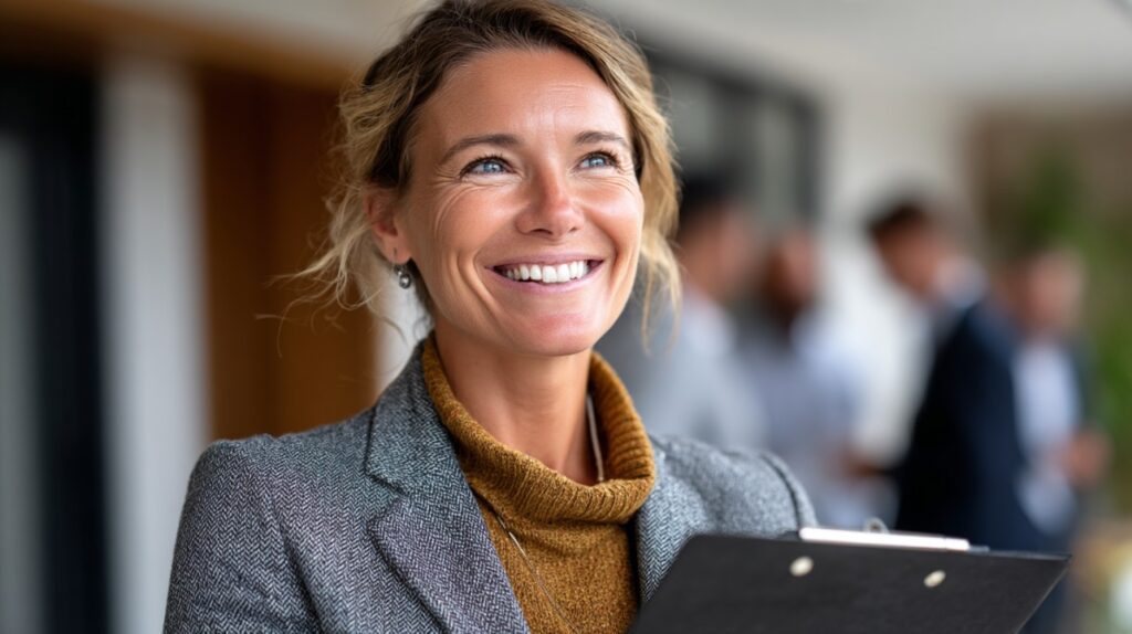 Smiling female real estate agent holding a clipboard, standing outside with blurred people in the background, dressed professionally.
