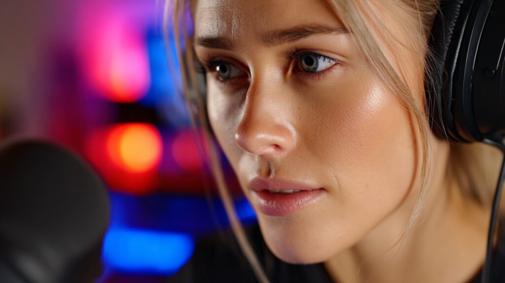 Close-up of a young female streamer wearing headphones in a neon-lit gaming studio, concentrating in front of a microphone.
