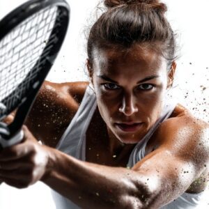 Female tennis athlete swinging her racket with power and focus, captured in a close-up action shot against a white background.