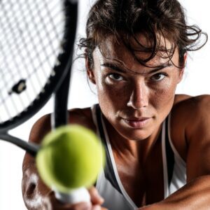 Close-up of a determined female tennis player mid-swing with racquet and ball in motion, symbolizing focus and athleticism.