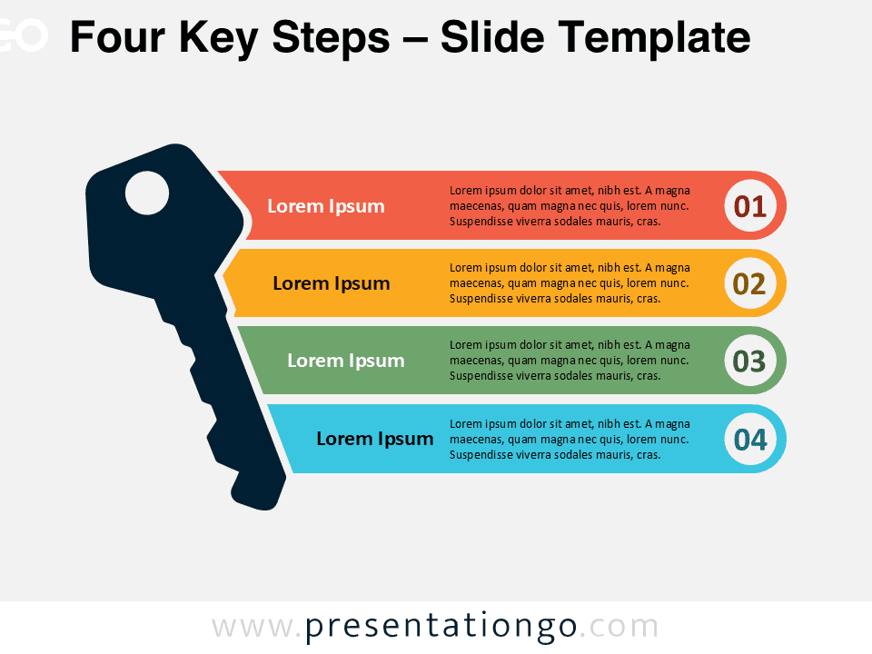 Horizontal infographic showing four key steps with a vertical key shape, designed for PowerPoint presentations.