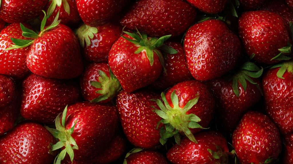 Top-down close-up of ripe red strawberries with green tops, arranged densely in a vibrant, full-frame composition.