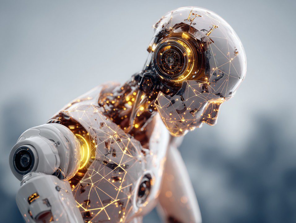 A conceptual humanoid robot glowing with golden neural network lines, representing futuristic AI and advanced technology.