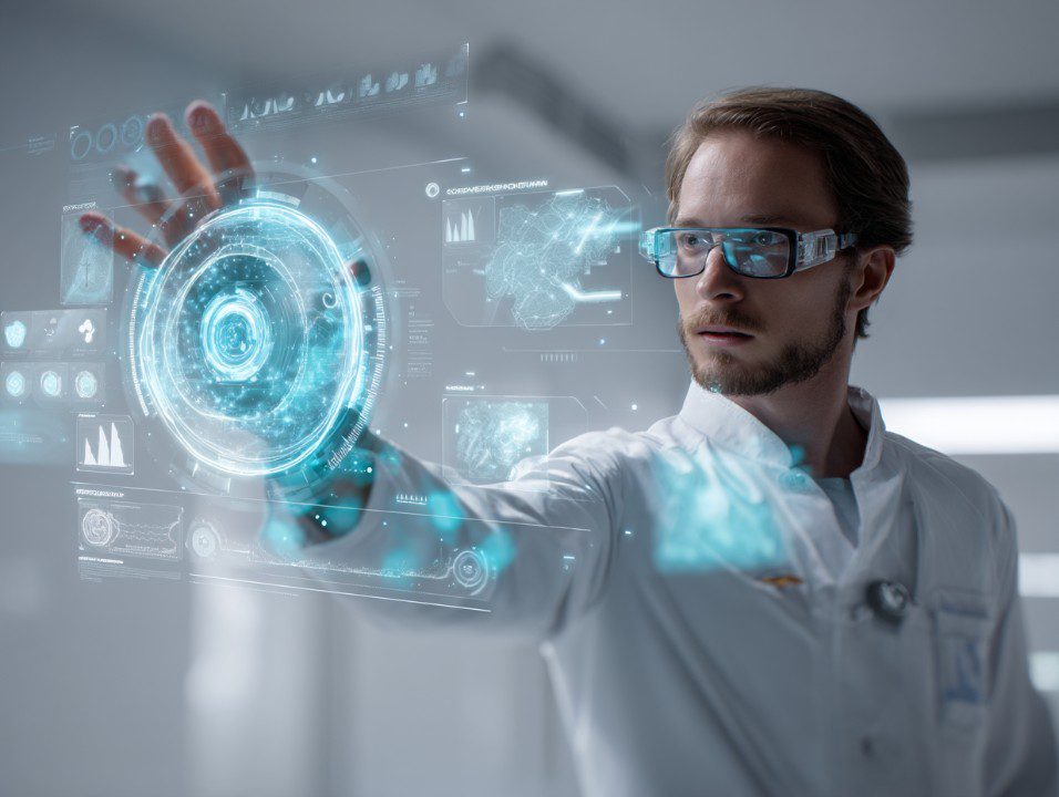 Young male doctor using a high-tech holographic interface in a futuristic lab, representing advanced medical technology.