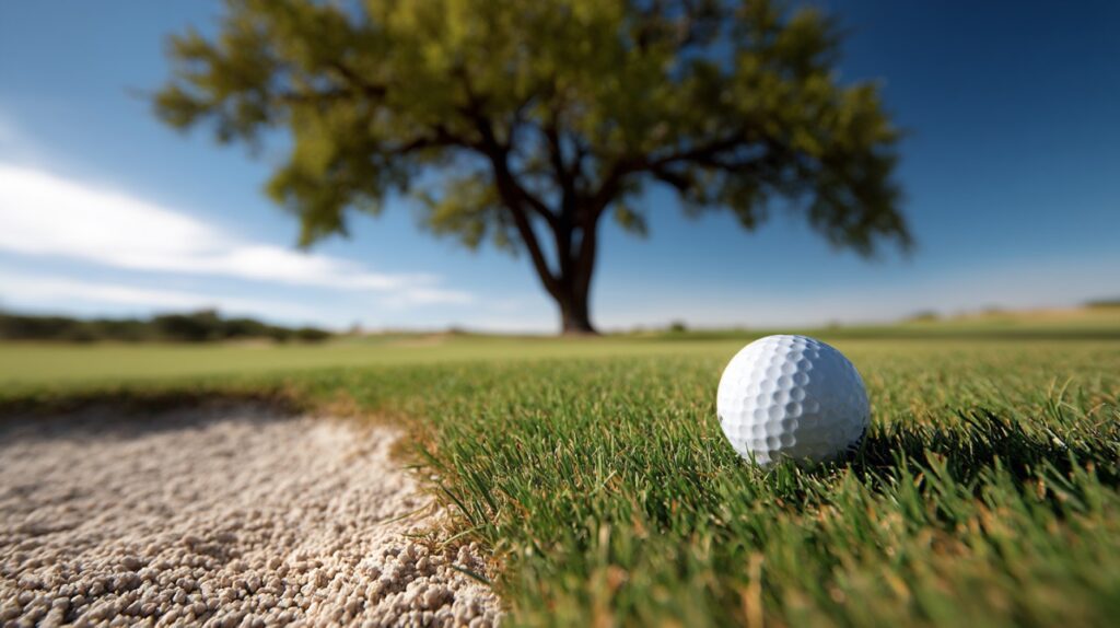Close-up of a golf ball on grass near a sand bunker with a large tree in the background under a blue sky.