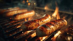 Juicy sausages sizzling on a barbecue grill with visible flame and char marks, ideal for food or grilling-themed content.