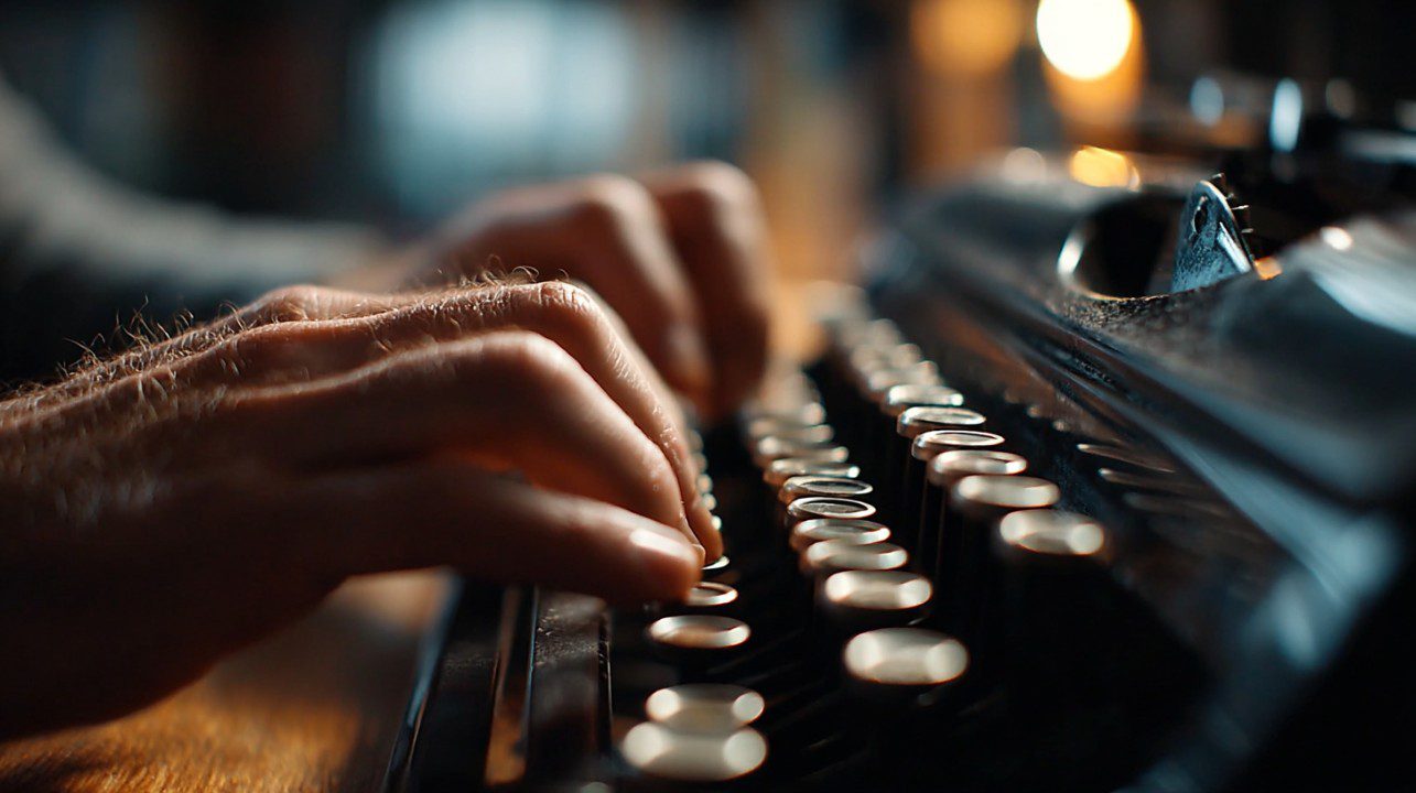 Cinematic close-up of a person's hands typing on an old-fashioned black typewriter under warm lighting.