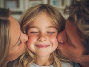 Happy young girl smiling with eyes closed while being kissed on both cheeks by her loving parents, conveying warmth and love.