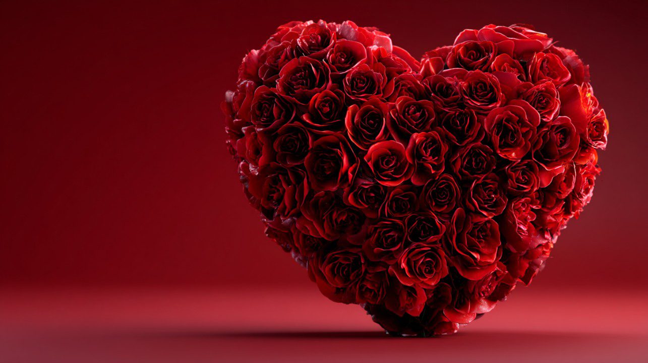 3D heart shape formed by dozens of red roses on a matching red background, symbolizing love and romance.