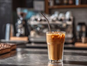 A clear glass of iced coffee with ice cubes and a metal straw, placed on a café counter with blurred coffee equipment in the background.