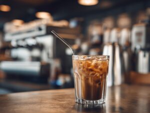 A refreshing glass of iced coffee with a metal straw placed on a café countertop, surrounded by blurred coffee shop equipment in the background.