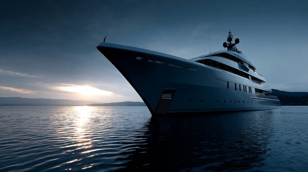 A large, elegant yacht sailing on calm waters at sunset, representing luxury travel and marine adventure.