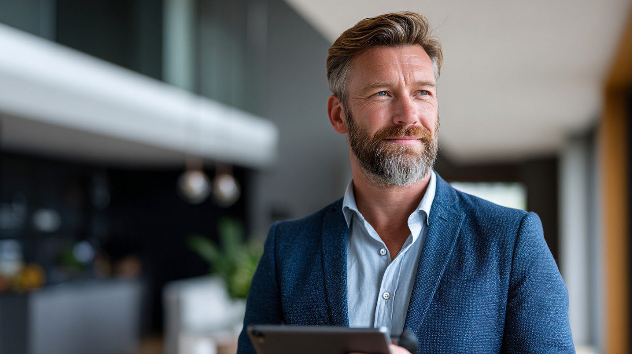 Confident male real estate agent standing in a sleek modern interior, dressed in business attire and holding a tablet.