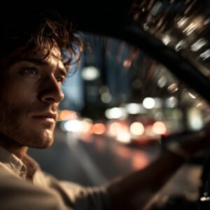 Close-up of man driving through a city at night, with blurred headlights and reflections creating a moody, cinematic scene.