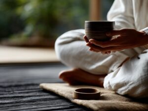 A serene person in meditation gently holding a tea cup, seated on a mat in a tranquil indoor space.