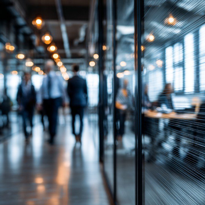 Professionals walking through a modern office hallway with a glass-walled meeting room in the background.