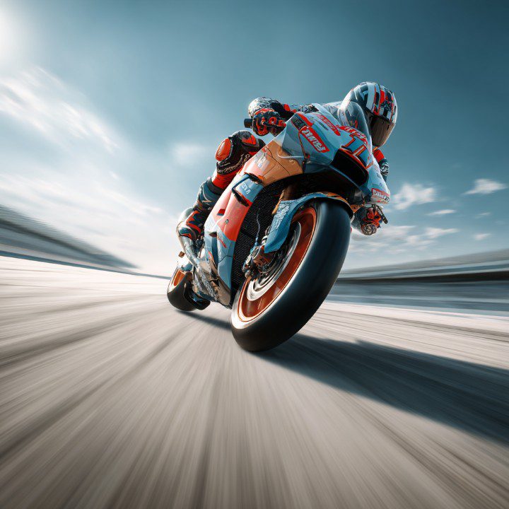 Low-angle image of a professional motorcycle racer speeding on a track, emphasizing velocity, control, and racing intensity.