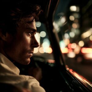 Focused man driving at night with cinematic lighting and blurred city lights visible through the window.