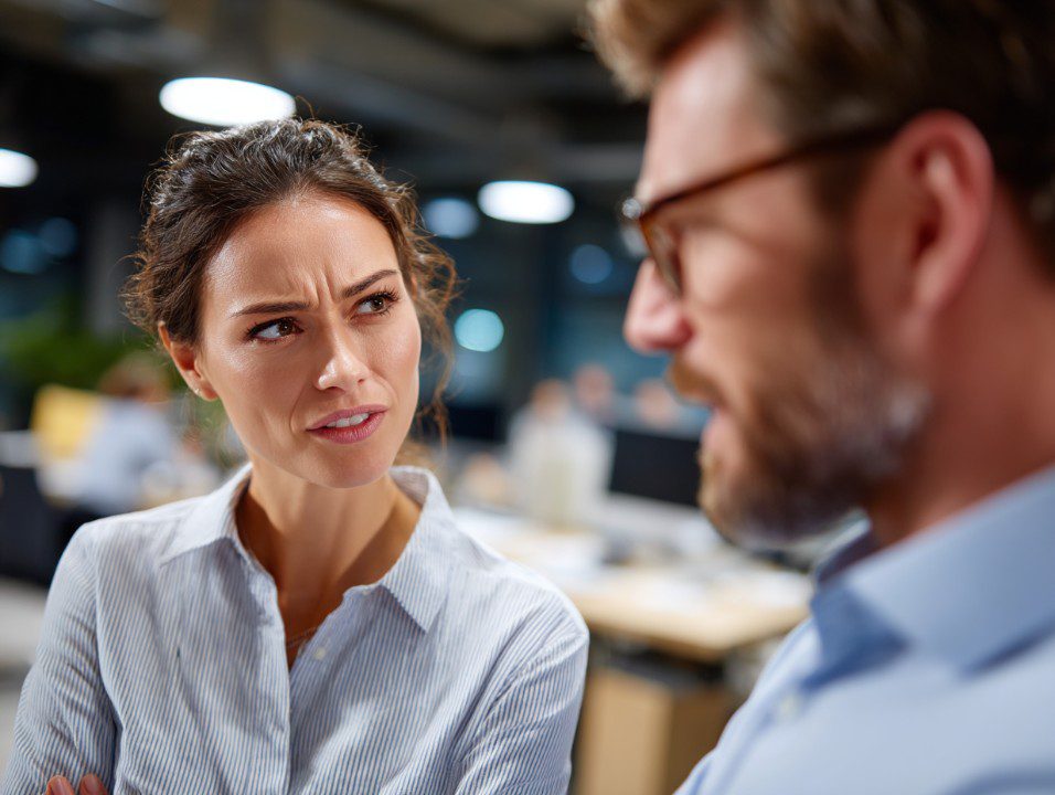 Businesswoman looking skeptical during a conversation with a male colleague in a modern office setting.