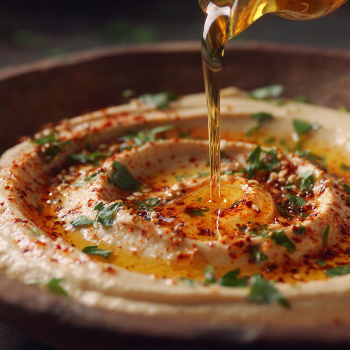 Close-up of olive oil being poured onto creamy hummus topped with paprika, parsley, and sesame seeds in a rustic bowl.