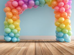 Pastel-colored rainbow balloon arch set against a light blue wall, perfect for parties, pride events, or baby showers.