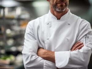 Close-up of a male chef in a clean white jacket with arms folded, standing in a professional kitchen environment.