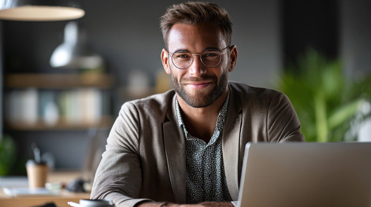 Portrait of a confident young man smiling in a modern workspace, conveying leadership, professionalism, and a friendly demeanor.