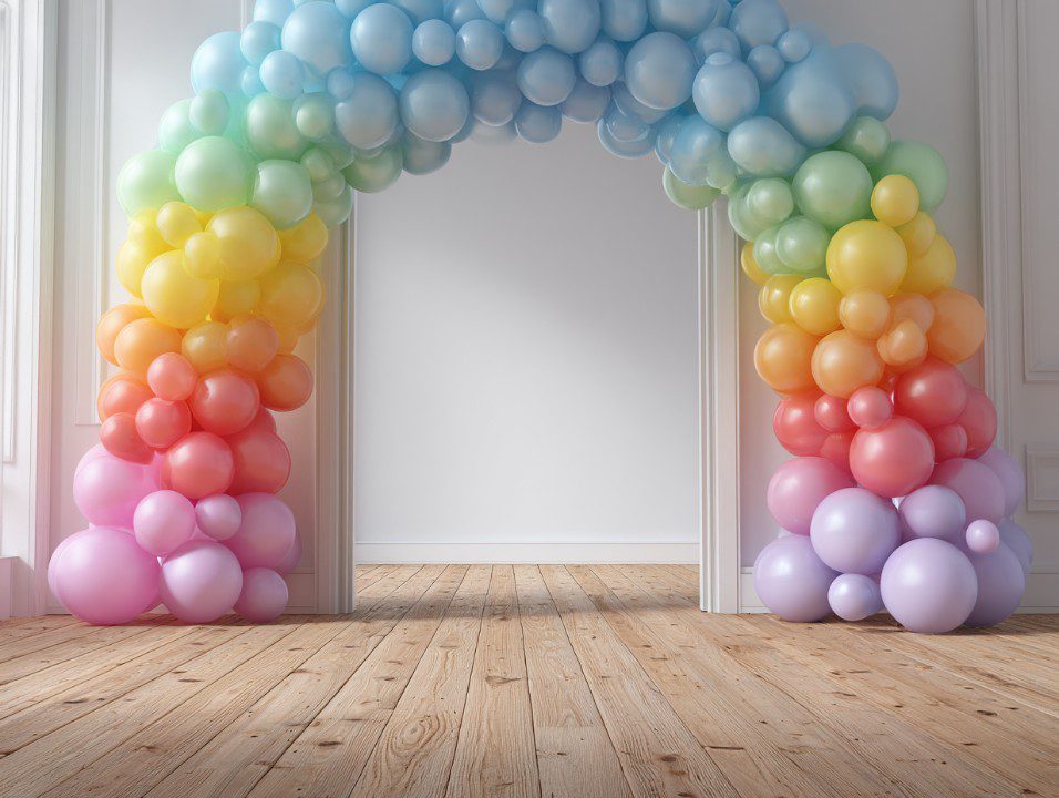 Rainbow-colored balloon arch framing a doorway in a bright room, ideal for event or party decoration and festive backdrops.