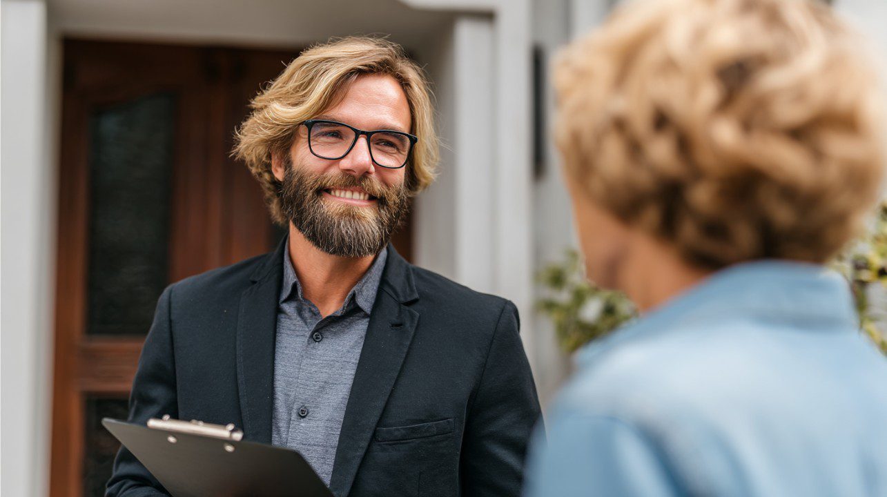 Bearded real estate agent with glasses smiling and talking to a client outside a home, conveying trust and personal service.