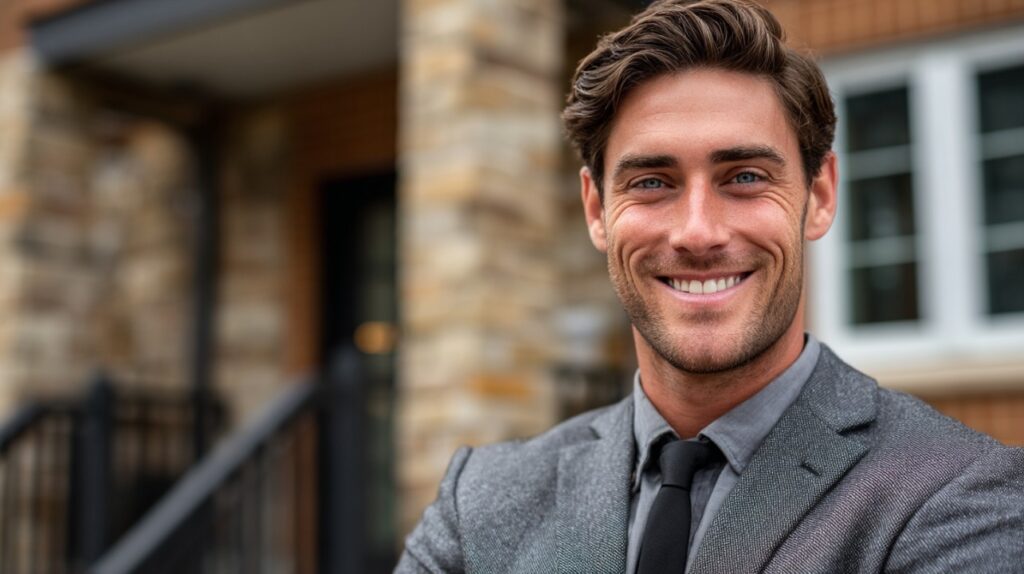 A confident, smiling real estate agent stands in front of a residential building, dressed professionally in a gray suit and black tie.