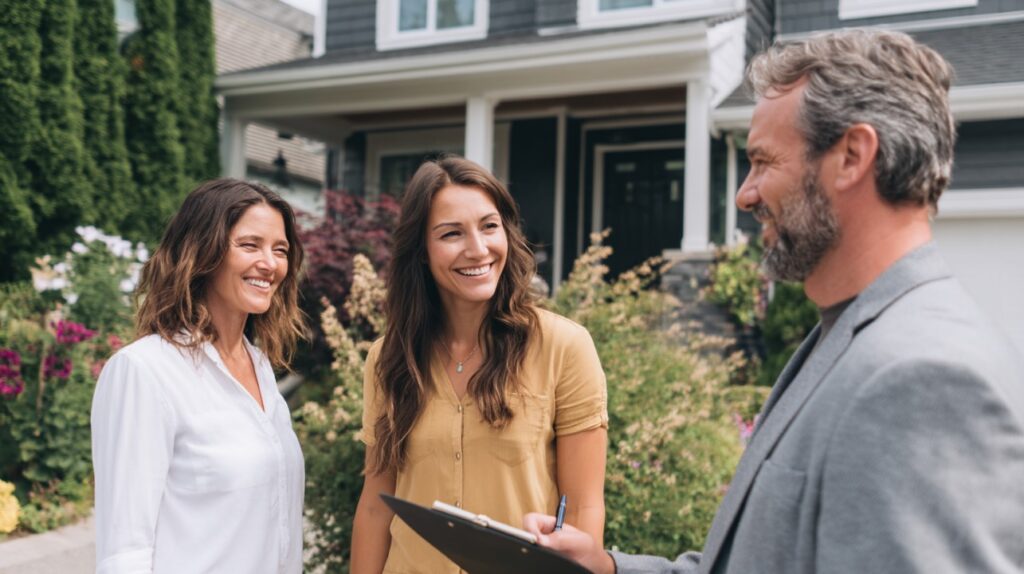 Real estate agent speaking with two smiling female clients outside a house, perfect for property buying or home tour concepts.