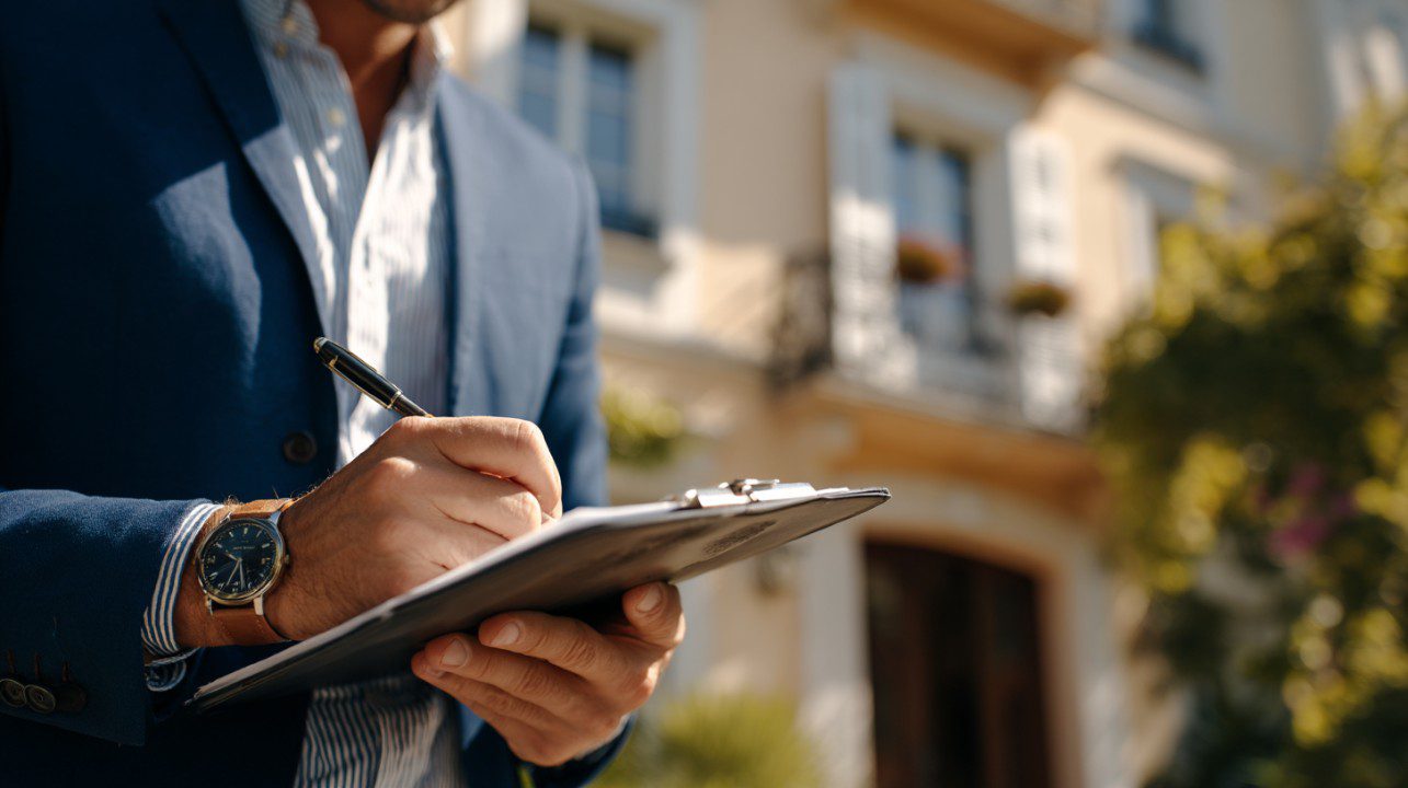 Close-up of a real estate agent in a suit writing on a clipboard during an outdoor property evaluation in front of a home.