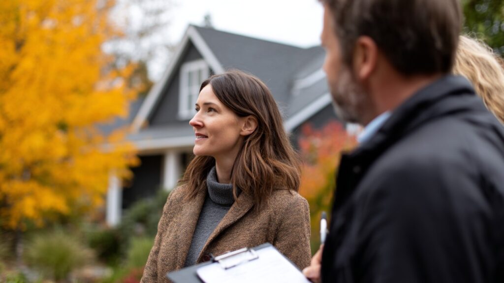Woman touring a home with a real estate agent outdoors in autumn, surrounded by trees and seasonal colors.