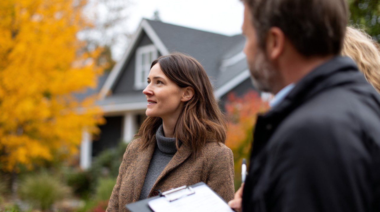 Woman touring a home with a real estate agent outdoors in autumn, surrounded by trees and seasonal colors.