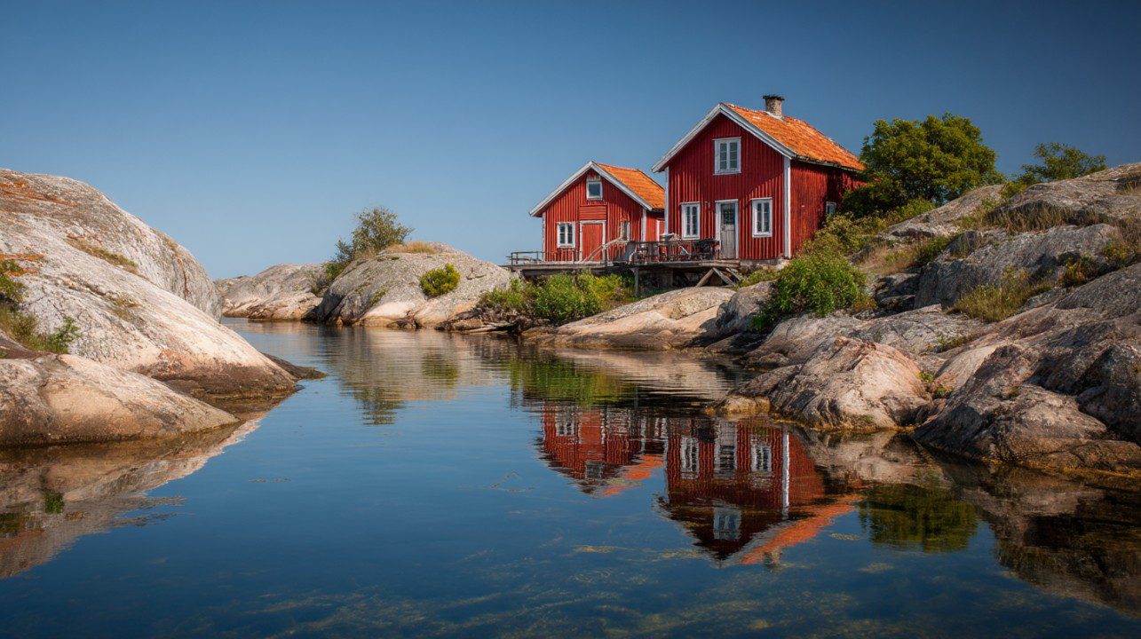 Two red wooden cabins by a calm coastal inlet with rocky terrain and clear reflections under a blue sky.
