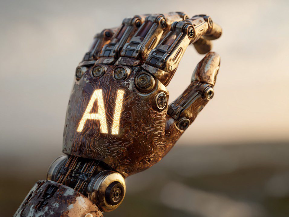 Close-up of a robotic hand with illuminated AI text, representing artificial intelligence and futuristic technology.