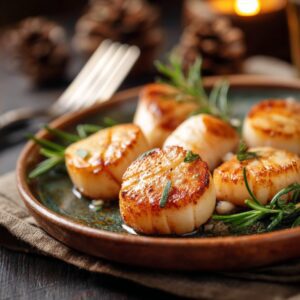 Golden-brown seared scallops served on a ceramic plate with herbs, styled for a gourmet presentation.
