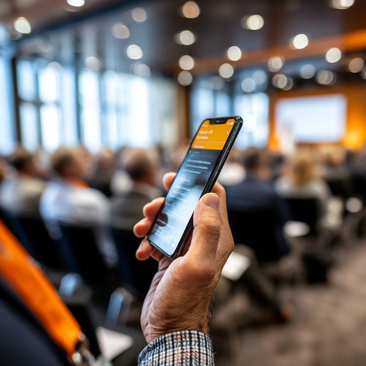 Close-up of a person using a smartphone app at a business conference with blurred audience and speaker in the background.