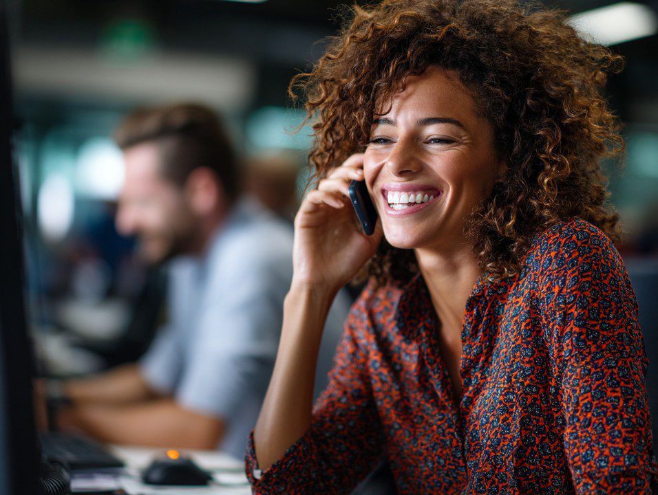 Smiling woman with curly hair talking on the phone in a colorful blouse while working in a lively open-plan office.