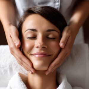 Close-up of a young woman receiving a facial massage with a smile, symbolizing spa relaxation and skincare wellness.