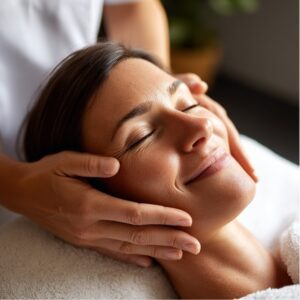 A young woman lies back with a smile while receiving a relaxing facial massage at a spa, symbolizing skincare and self-care.