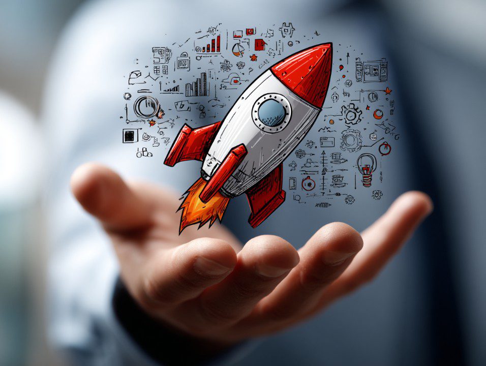 Illustration of a startup rocket in a hand surrounded by innovation and business icons, symbolizing a new tech launch.