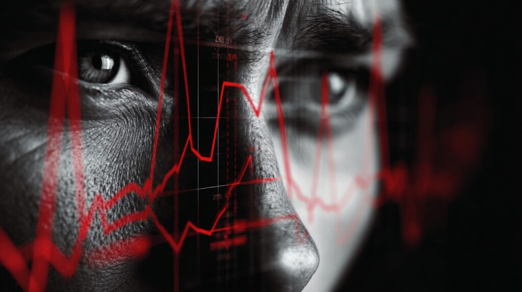 Close-up of a worried face with red stock market graph lines superimposed, illustrating economic stress and market volatility.