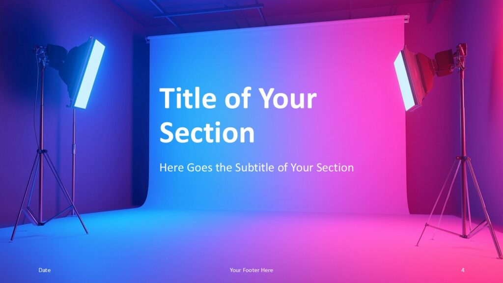 Transitional section slide with cyan and magenta lighting for clean breaks in PowerPoint and Google Slides.