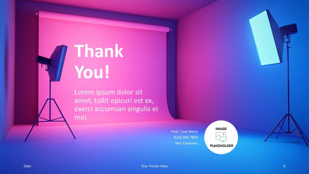 Thank you slide featuring spotlight scene with contact placeholder for PowerPoint and Google Slides presentations.
