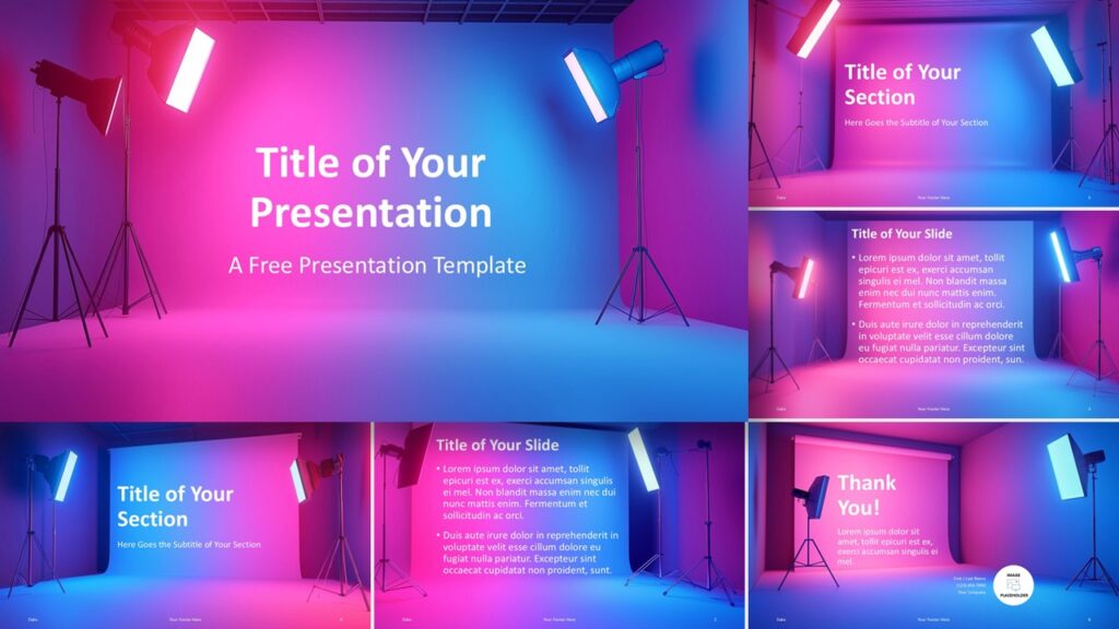 Studio Spotlights Template in widescreen format for PowerPoint and Google Slides, featuring bold layouts and vivid lighting effects.