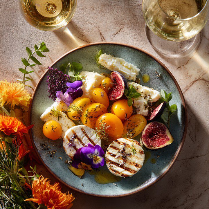 Top-down view of a gourmet plate with grilled cheese, figs, yellow tomatoes, and edible flowers, paired with white wine.