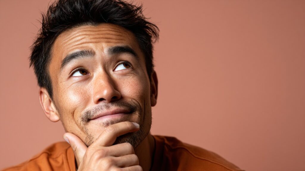 Close-up of a young man with a hand on his chin, looking upward with a thoughtful expression against a warm-toned background.