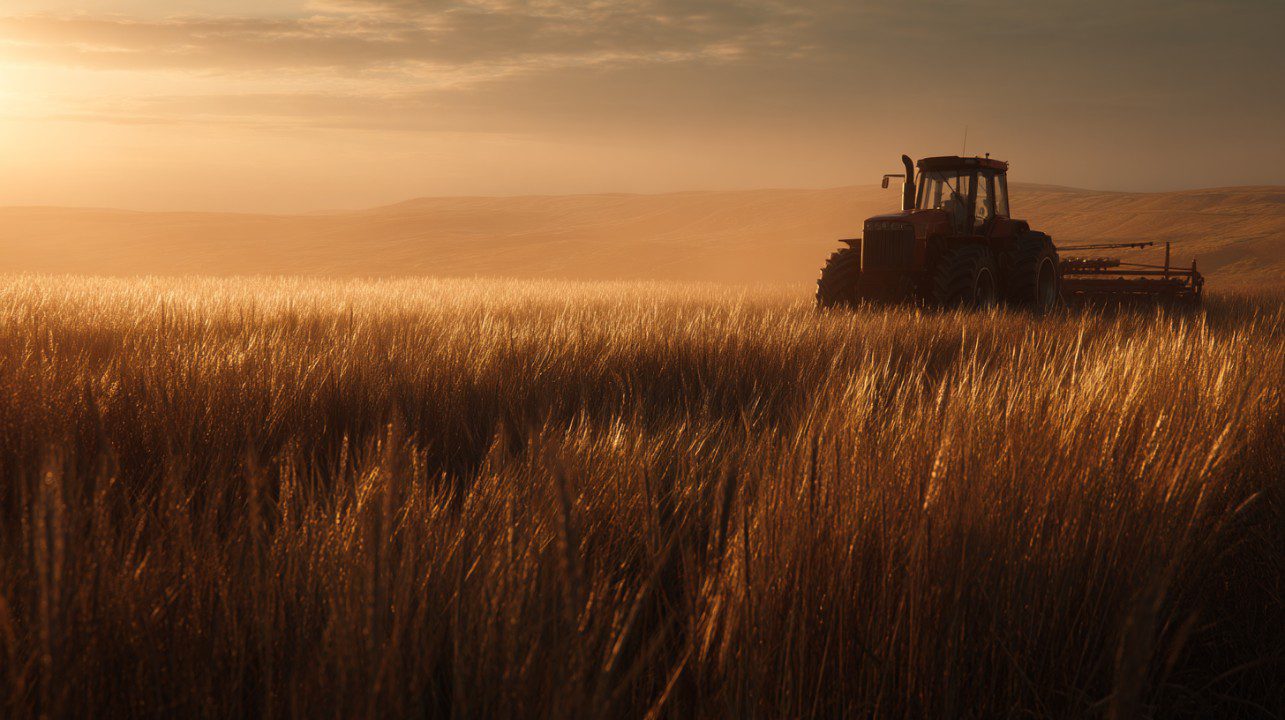 A tractor stands in a golden wheat field at sunset, representing harvest season and rural agricultural life.